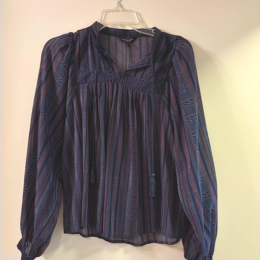 Lucky Brand Blue Smocked Blouse With Bishop Sleeves